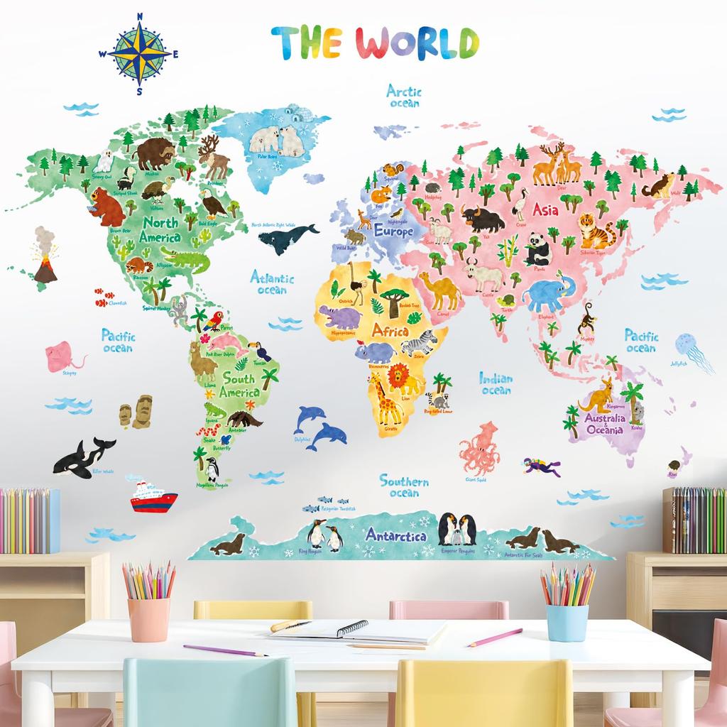 DECOWALL Animal World Map Wall Decorative Wall Art Sticker for Kids Wall Transfer Wall Art Sticker for Bathroom Teen Child SG2-1615S Sticker,