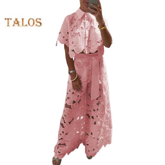 

Женский комплект из 2 предметов: топ, брюки, аппликация, отложной воротник, застежка на пуговицы, короткая блузка, широкие брюки, комплект из 2 предметов S розовый