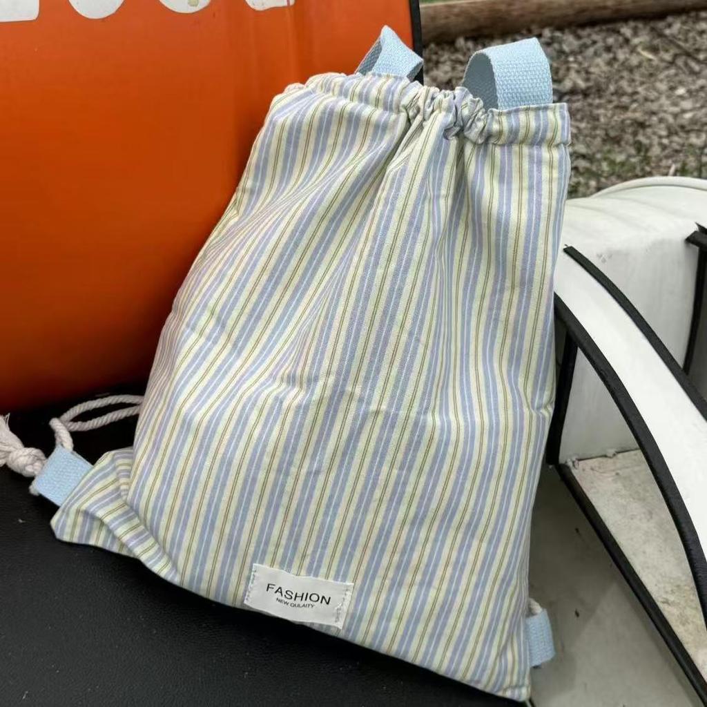 Striped Canvas Drawstring Backpack - 2025 Casual Commuter with Large Capacity & Single Shoulder Strap