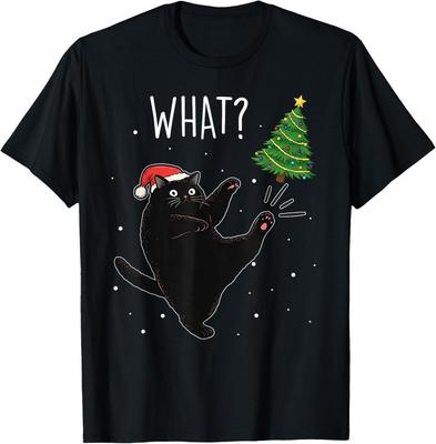 Funny Black Cat What? Christmas Tree Meme Xmas Men Women T-Shirt