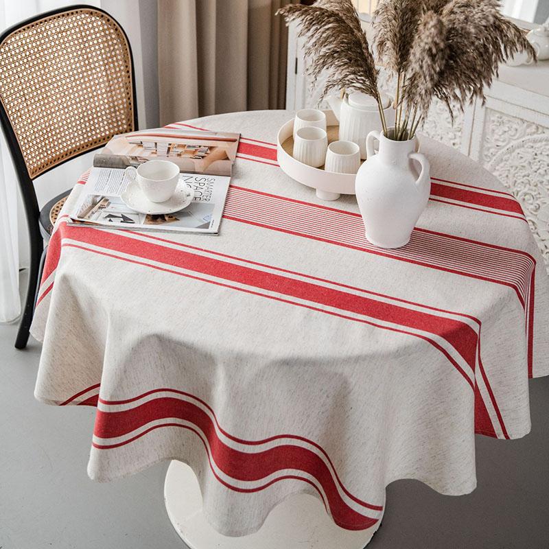 

European Five-Stripe Printed Tablecloth Cotton and Linen Round Dustproof Table Cover Anti-Wear Dining Decor for Four Seasons Diameter 150cm