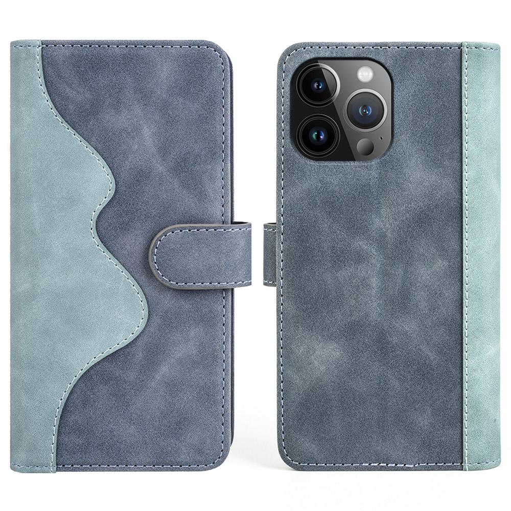 

Phone Cover for iPhone 15 Pro Dual-color Splicing Magnetic Clasp PU Leather Wallet Drop-proof Case Blue