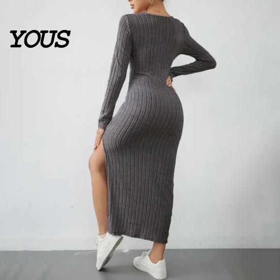 Daily Wear Autumn Dresses Women Round Neck Knitted Dress, Long Sleeve Pullover Sweater Formal Work Solid Color Stretchy Split Bodycon Dress for Winter