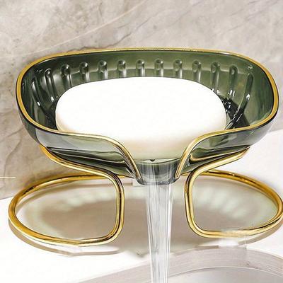Soap Holder Self Draining Soap Dish Holder, Not Punched Easy Clean Bar Soap Holder, Soap Dish with Golden Metal Stand,