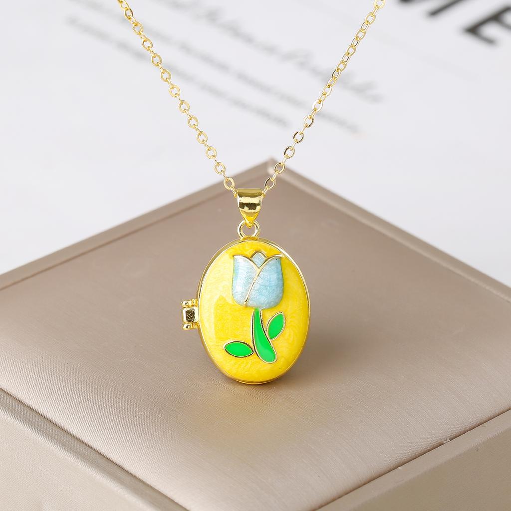 Openable Colorful Tulip Oval Photo Box Necklace Women's Gold Plated Chain Cute Flower Pendant Necklaces Trendy Jewelry For Girls
