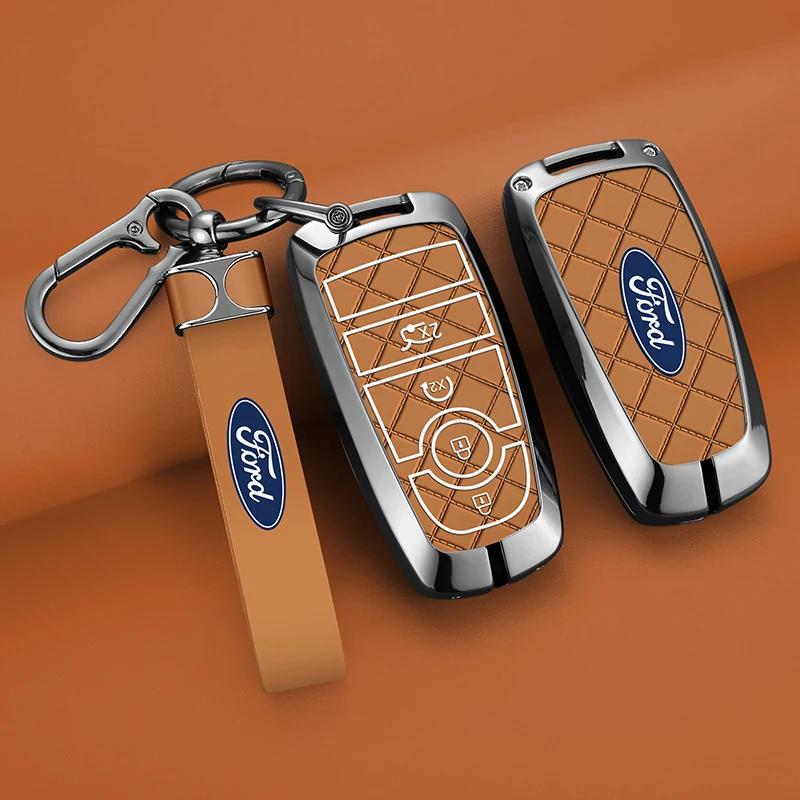 Autoaufkleber Ford Zinklegierung Leder Auto Fernbedienung Schlüsselhülle Abdeckung Fob Schale Für Ford Fusion Mondeo Mustang Edge Expedition EXplorer
