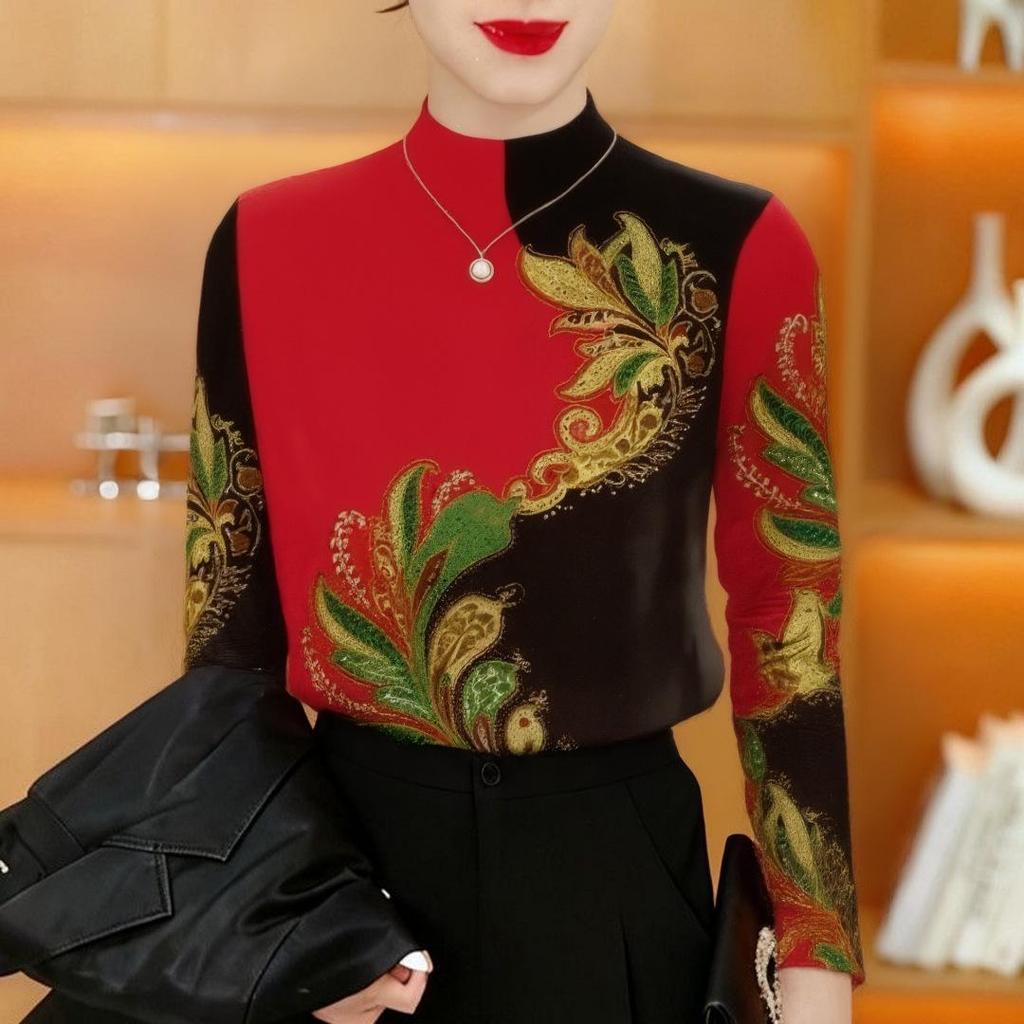 Velvet-Enhanced Fashionable Women's Half-High Collar Long-Sleeve Shirt for Middle-Aged & Elderly - Elegant Printed Top for Outerwear