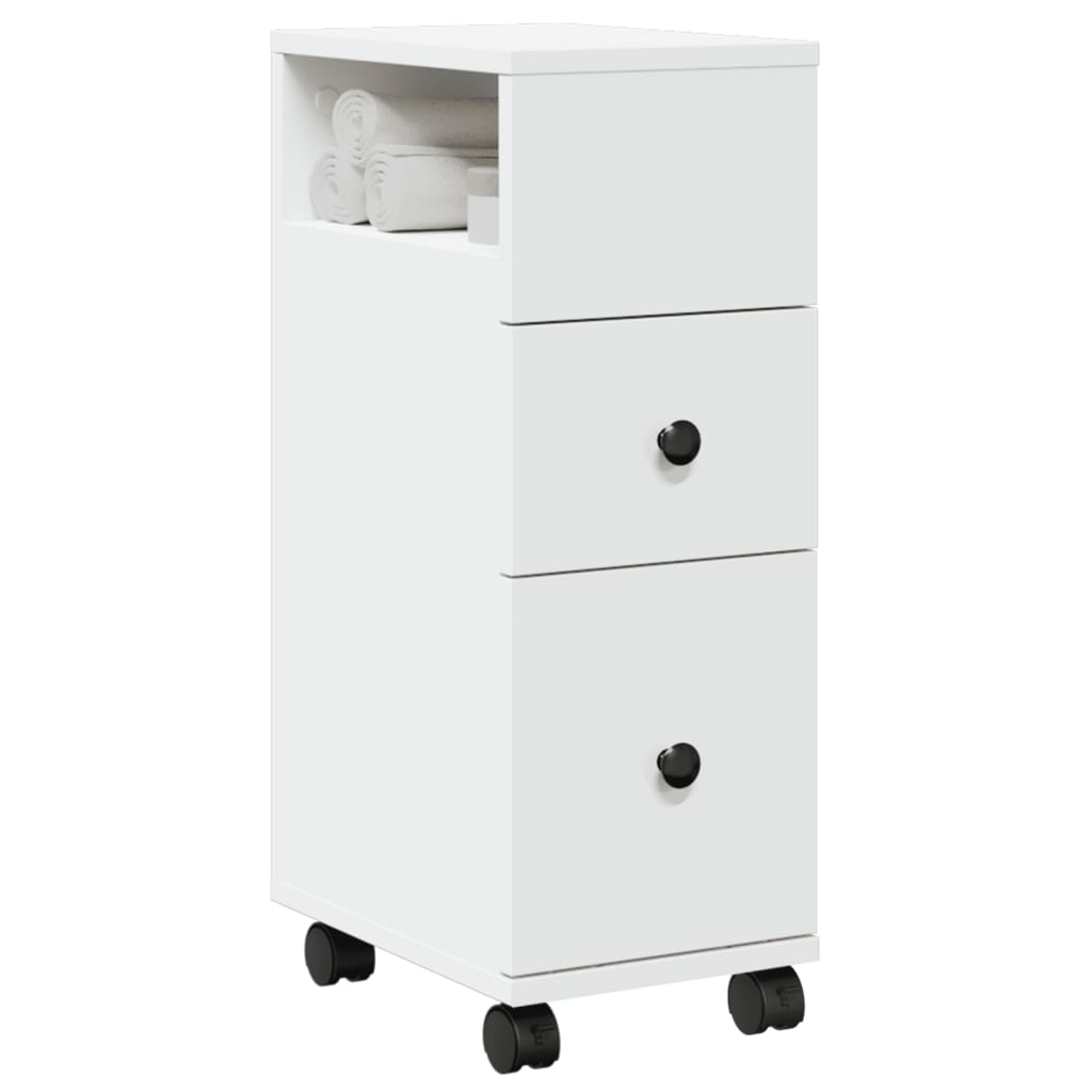 Narrow Bathroom Cabinet with Casters White Engineered Wood