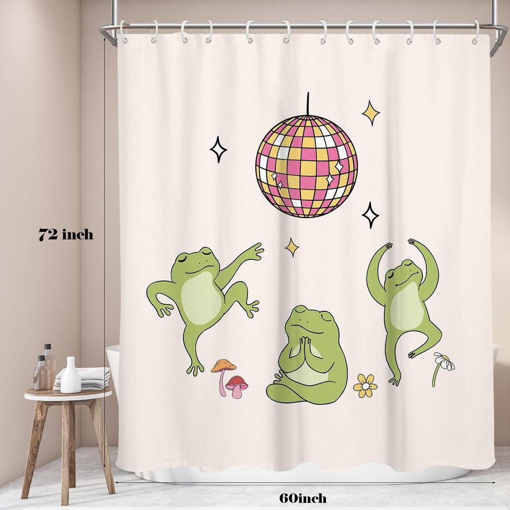 Funny Frog Shower Curtain Fun Kids Cute Animal Disco Ball Dancing Cartoon Children Anime Unique Pattern Aesthetic Fabric