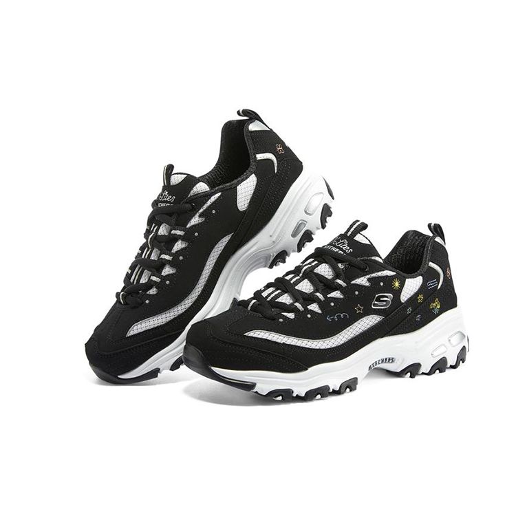 Skechers DLites 1.0 Floral Bear Fabric Leather Sport Versatile Shock Absorbing Durable Low Top Dad Shoes Women Sneakers Black White 896155-BKW