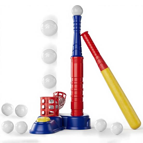 T-Ball Set for Kids Ball Launcher T Ball Stand Baseball Bat And 6 Baseballs Set Toddlers Outdoor Toys for Boys Girls