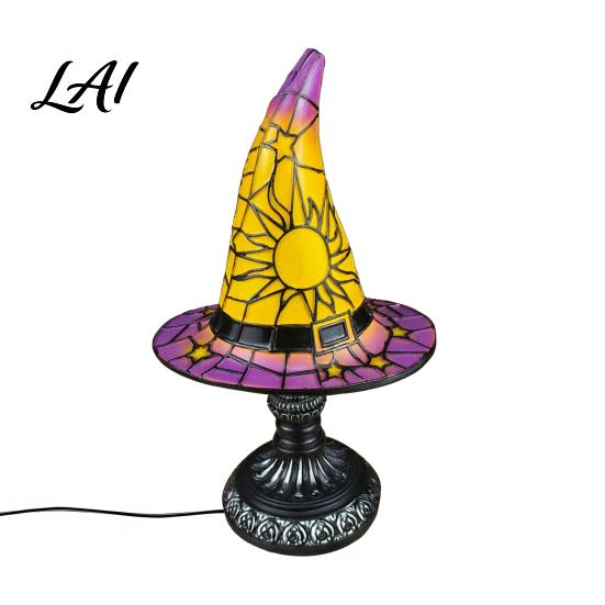 Halloween Desk Decor Stained Glass Witch Hat Lamp Table Lamp with Inline Switch USB Powered Aesthetic Style for Bedroom Bookshelf Desk Witches