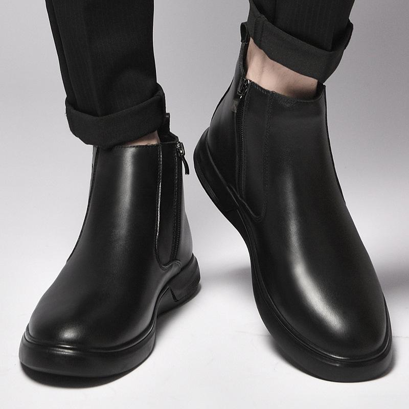 Autumn and winter men's leather boots first layer cowhide soft leather velvet high-top Chelsea boots cotton boots men's leather shoes
