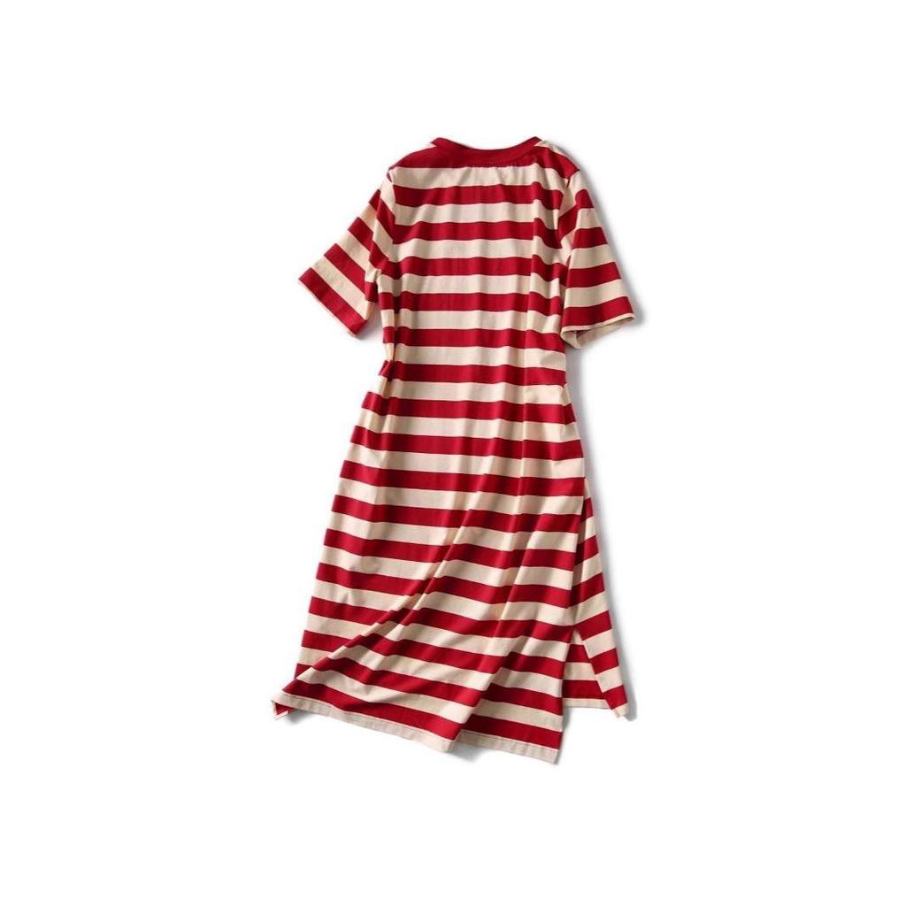 2025 Summer Korean Style Mid-Length Striped T-Shirt Dress for Women - Loose, Slimming, Short Sleeve, Versatile Fashion