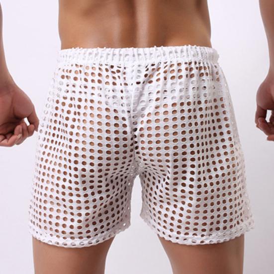Erotic Men Solid Color Mesh See Through Hollow Out Drawstring Shorts Beach Pants