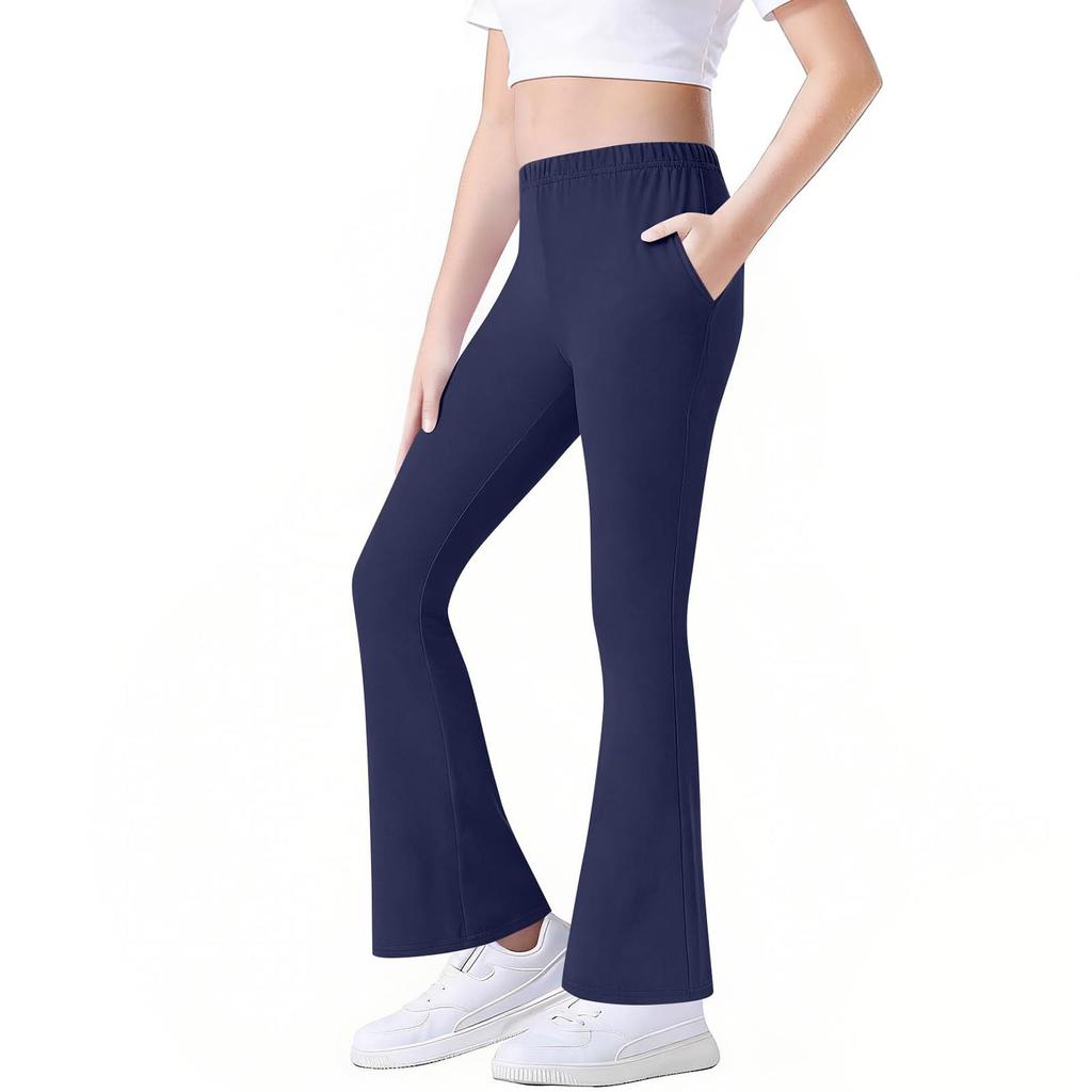 Girls Cotton Flared Pants with Pockets, Stretch Fit Flare Casual Pants for Kids