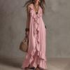 Women Bohemian Long Dress Summer Ruffle Deep V Neck Sleeveless Swing Dress Solid Color Loose Casual Beach Vacation Maxi Dress