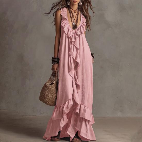 Women Bohemian Long Dress Summer Ruffle Deep V Neck Sleeveless Swing Dress Solid Color Loose Casual Beach Vacation Maxi Dress