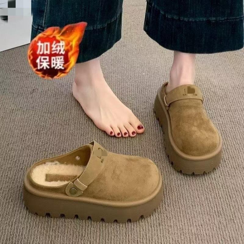 Height-increasing Thick-bottomed Plush Slippers for Women To Wear New Autumn and Winter Baotou Half-towed Cotton Slippers