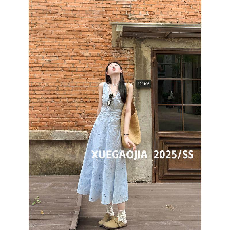 Creambaby Studio Blue V-neck Lace Print Sleeveless Vest Dress Women s Summer Stylish Niche Style Blue S