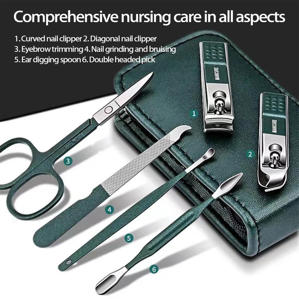 Set Portatile per la Cura delle Unghie da 6 Pezzi: Tagliaunghie Verde Scuro, Forbicine, Cucchiaino per Orecchie, Strumenti per Pedicure