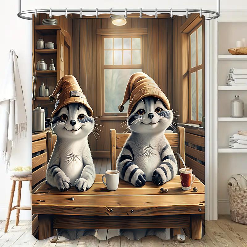 

Cute Cat Shower Curtain Cozy Cabin Style Waterproof Fabric For Bathroom Decor With Warm Colors And Soft Texture Enhance W60H190(CM)-1 Pcs