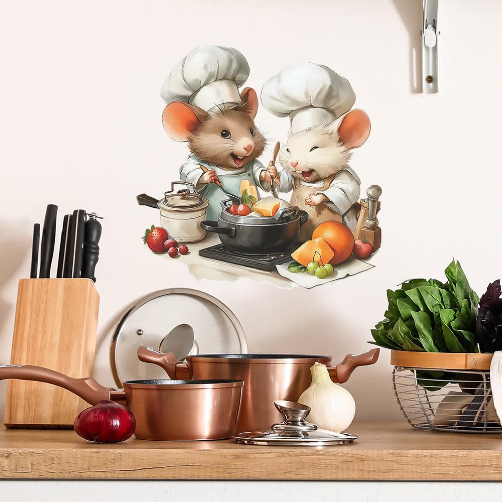 Rato Cozinheiro de Desenho Animado Cozinhando Cozinha Adesivo de Parede Decoração de Casa Decalque Removível Autoadesivo