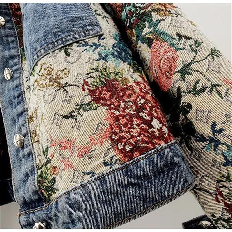 Women's Cowboy Coat Spring Summer Lapel Collar Versatile Ladies Denim Jacket Fashion Printing Splicing Lady Outerwear