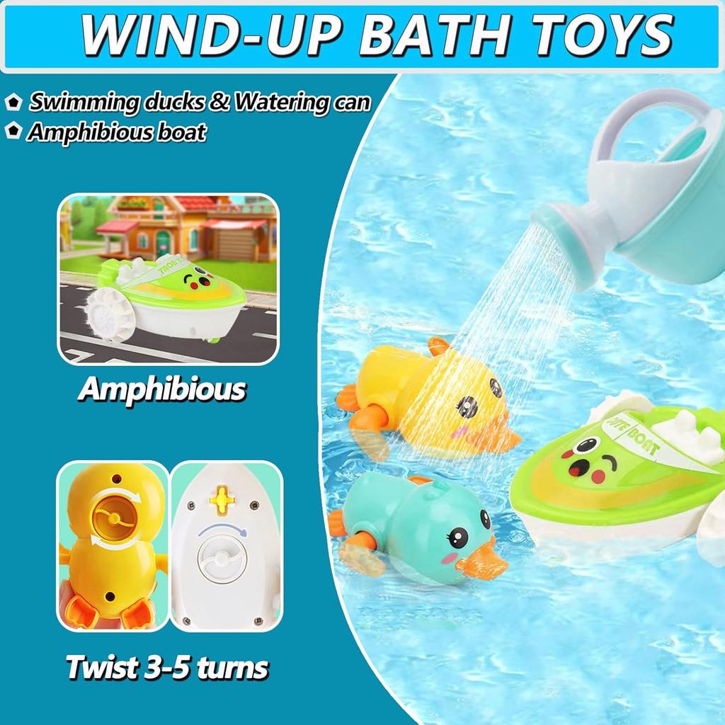 No Hole Bath Toys for Babies 6-12+ Months, Wind-up Swimming Ducks & Boat Bath Toys for Kids Ages 1-3, Baby Pool Toys Fishing Net Water Toys Watering