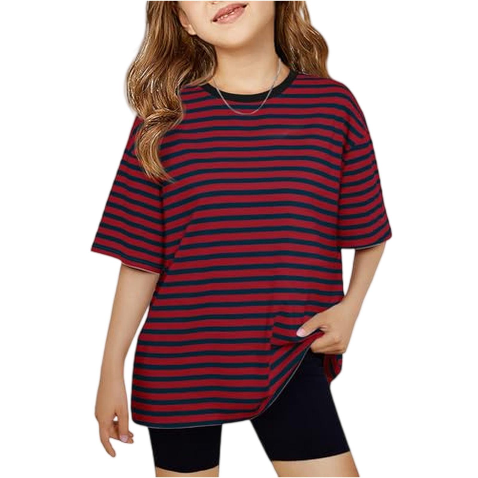 

Girls Short Sleeve Striped T Shirt Crewneck Loose Fit Casual Cotton Tee for Kids Lightweight Breathable Top for Summer Daily Wear 150