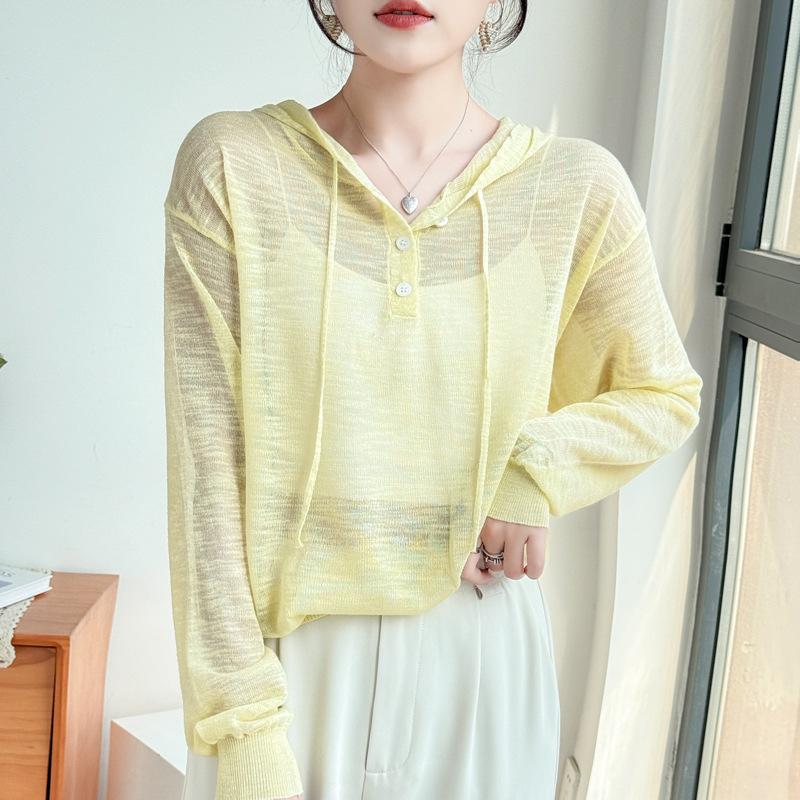 Nový letní lněný pletený svetr s kapucí s bambusovým žebrováním a jednobarevnou ležérní základní vrstvou