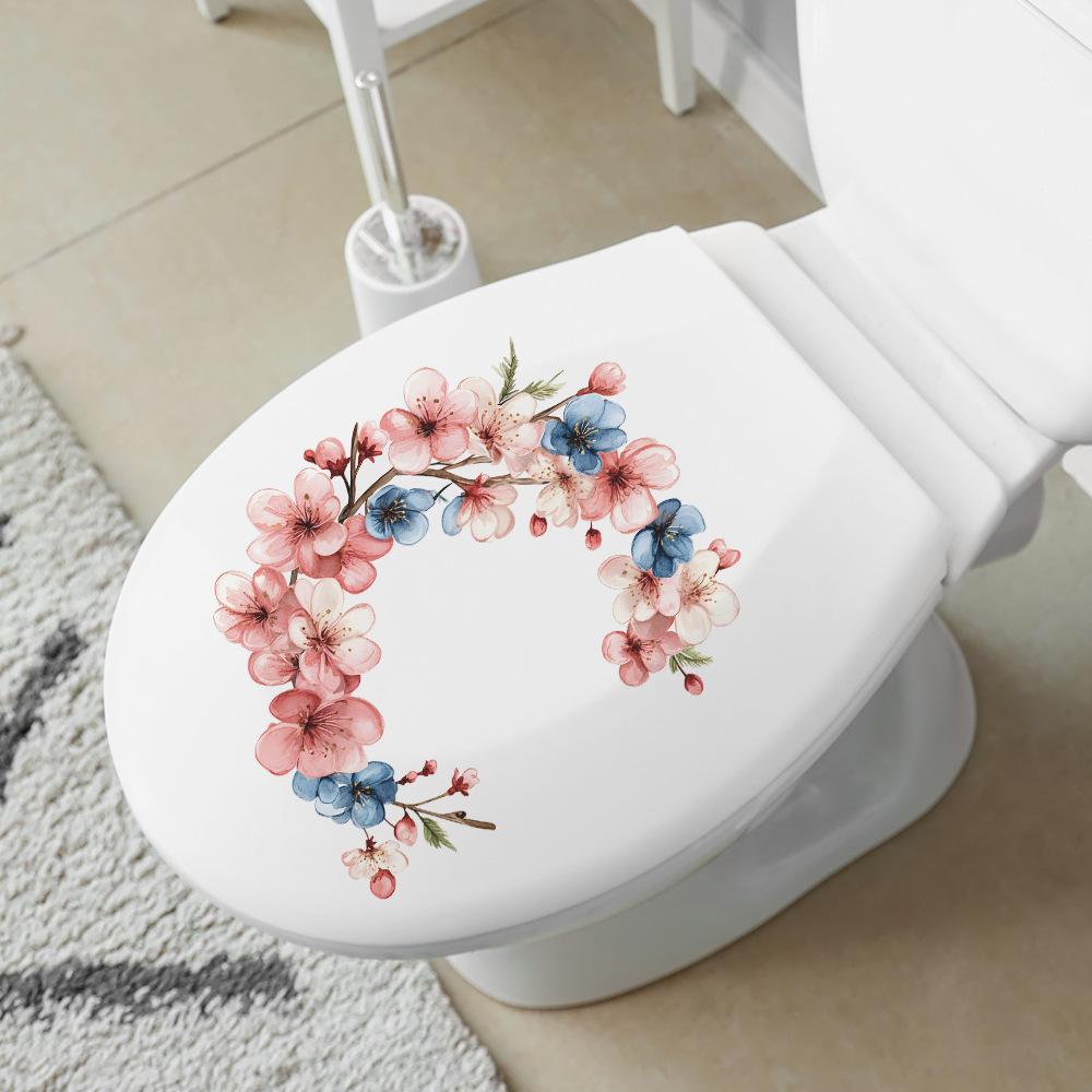 Hand Painted Floral Wreath Toilet and Multi-Surface Sticker Set Waterproof Self-Adhesive Removable Decal for Bathroom WC Home Decor