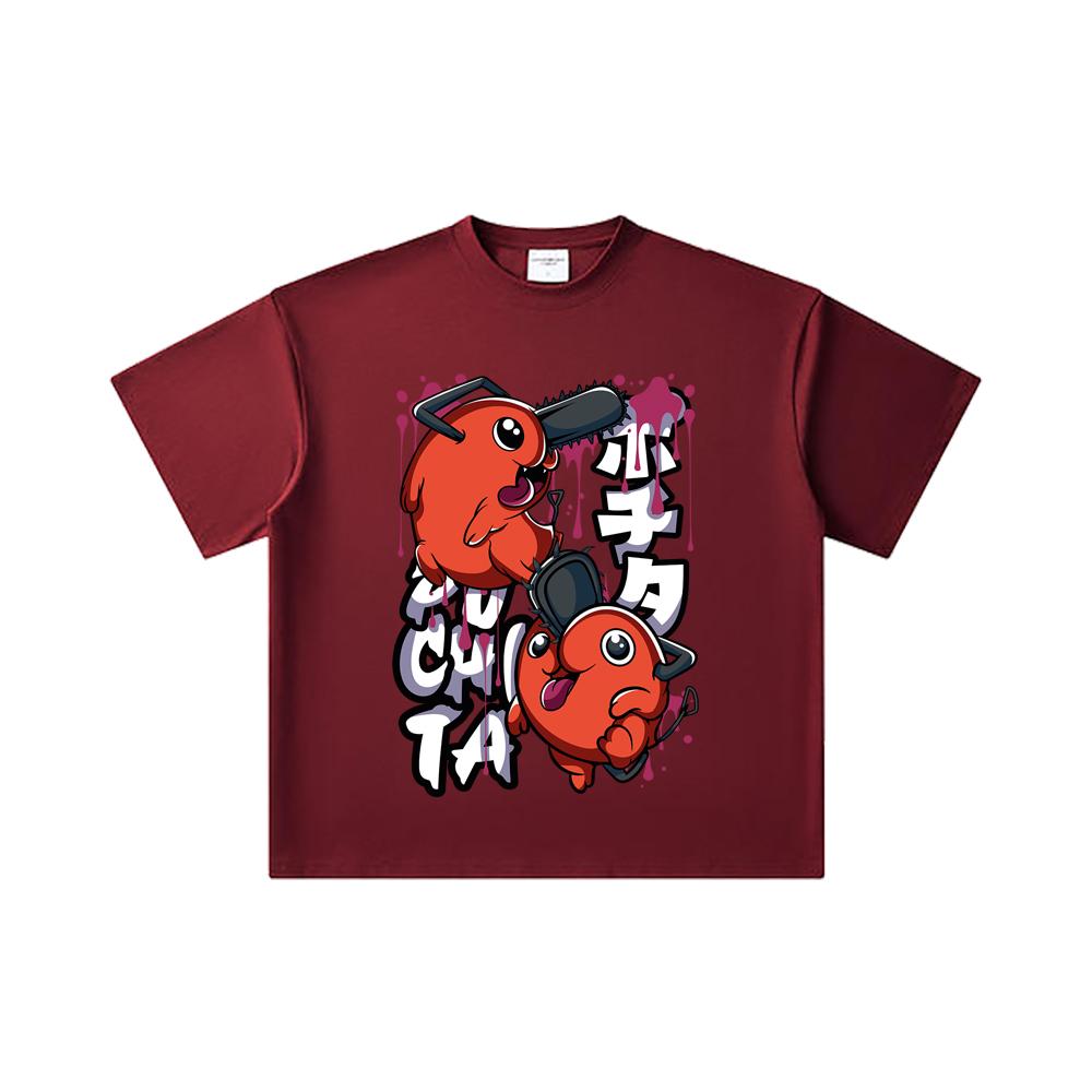 260 GSM Dvojitá příze 32 Počtu 100% Bavlna Chainsaw Man V37 Pochita Potisk Unisex Těžké Bavlněné Tričko
