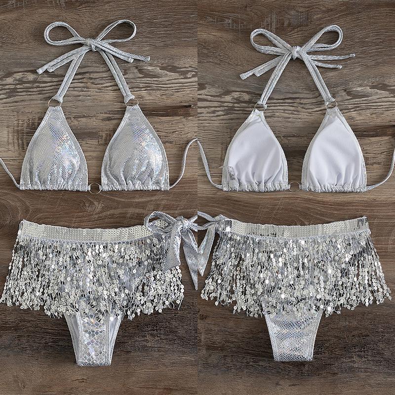 2022 Sequins Swimsuit for Women Sexy Backless Push Up Triangle Thong 3 Pieces Bikini Set High Waist Female Swimwear Bathing Suit