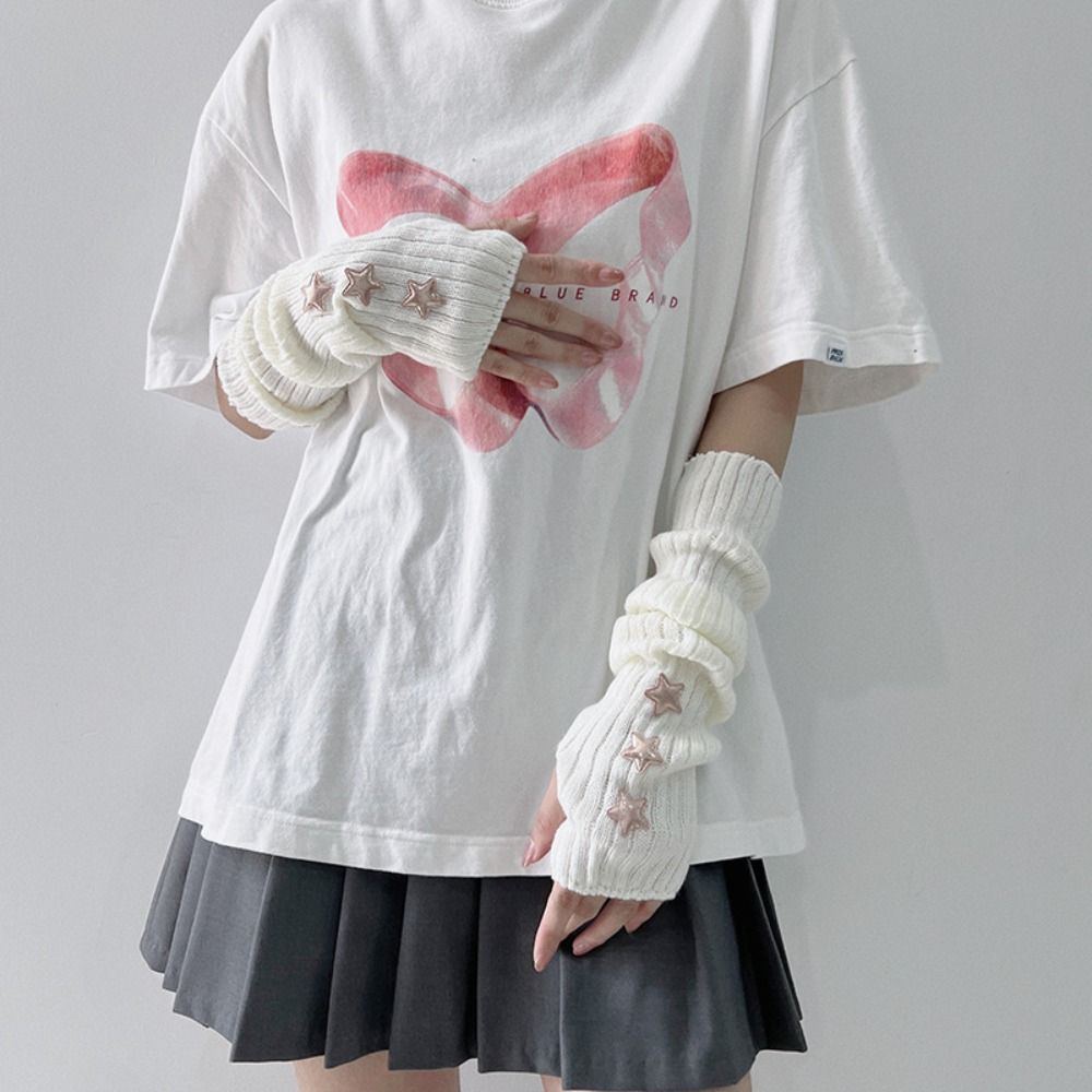Y2k Star Knitted Gloves Gothic Wool Sleeve Cuff Punk Fingerless Gloves  Girls