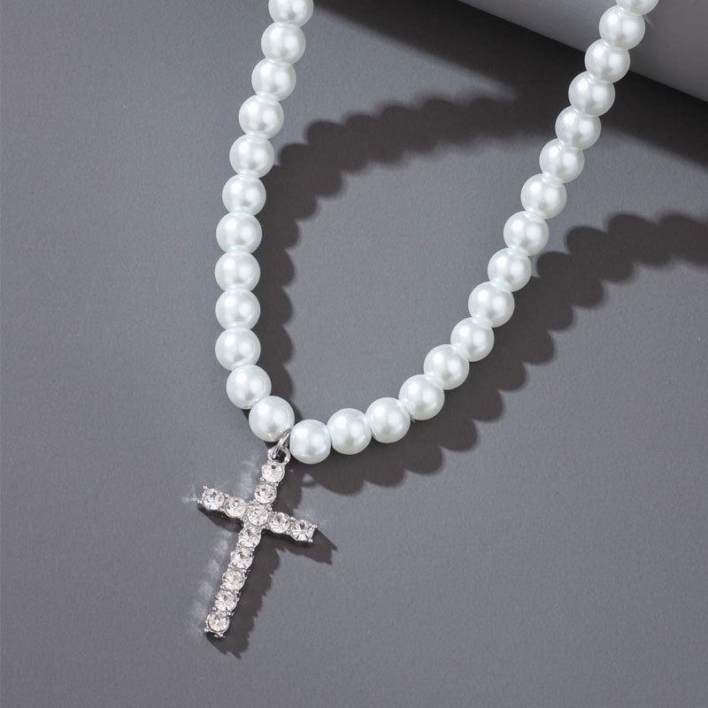 Collana Ciondolo Croce Intarsiata Diamanti Perle Finte Unisex Gioielli di Moda