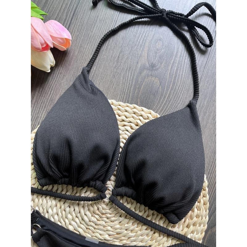 Bandage Swimsuit Women Sexy Bikini Ribbed Swimwear Triangle Bikini Set Two Piece Suit Beachwear Micro Thong Biquini