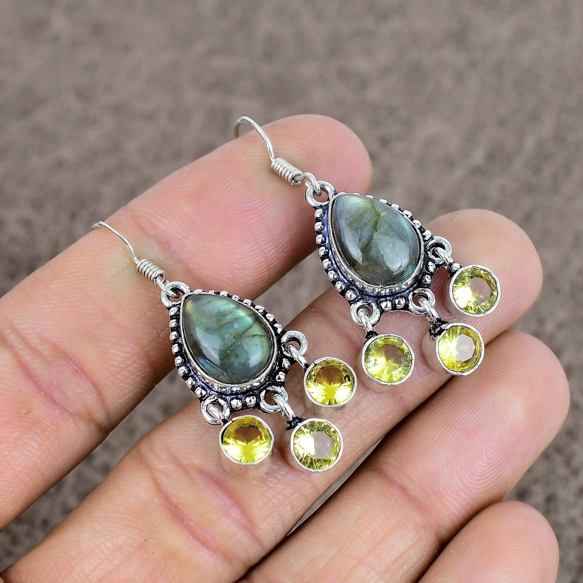 

Labradorite, Citrine Gemstone 925Sterling Silver Jewelry Earring 1.77 KKG-123