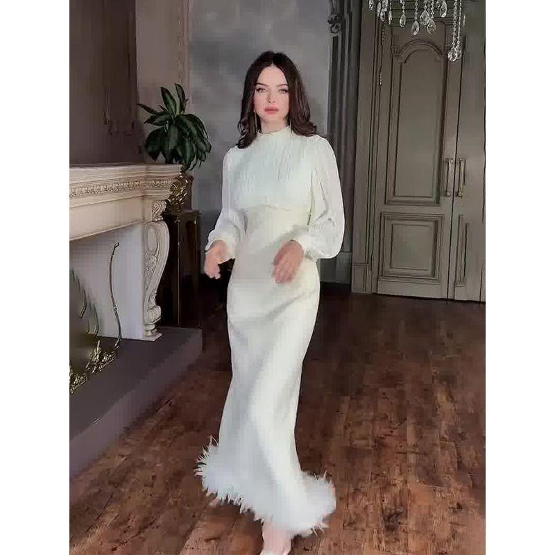 European and American Temperament Half-high Collar High Sense Slim fit Furry Dress Lantern Sleeve Slit Dress