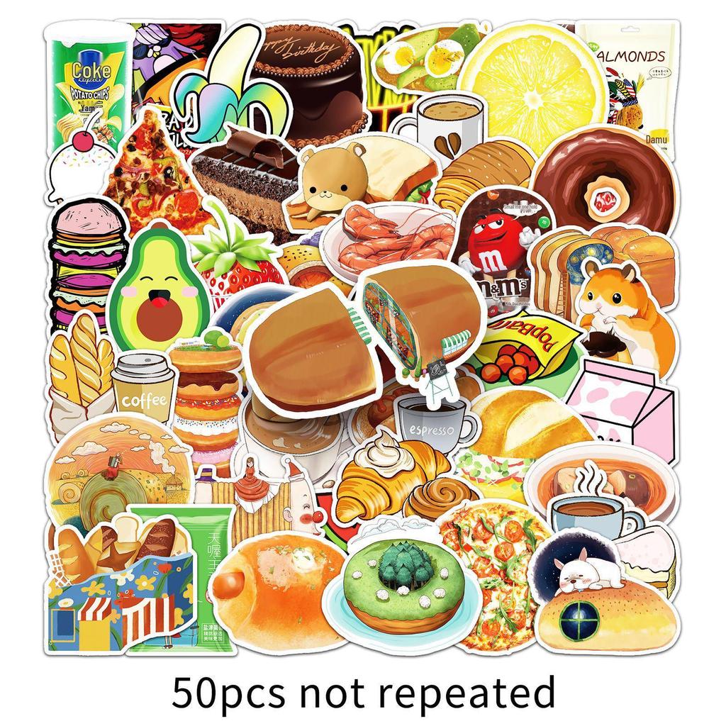 50 Sheets Creative Cartoon Food Stickers - Waterproof, Removable, Decorative Planner Stationery.