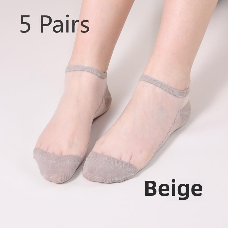 

5 пар женских носков на весну и лето, носки из кристального шелка, женские невидимые носки-лодочки из кристального шелка, повседневные носки, носки 5 Pairs бежевый