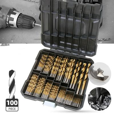Trapano a codolo cilindrico Trapano transfrontaliero in acciaio ad alta velocità placcato in titanio 99 pezzi Kit di utensili per punzonatura da 1,5-10 mm per scatola di plastica