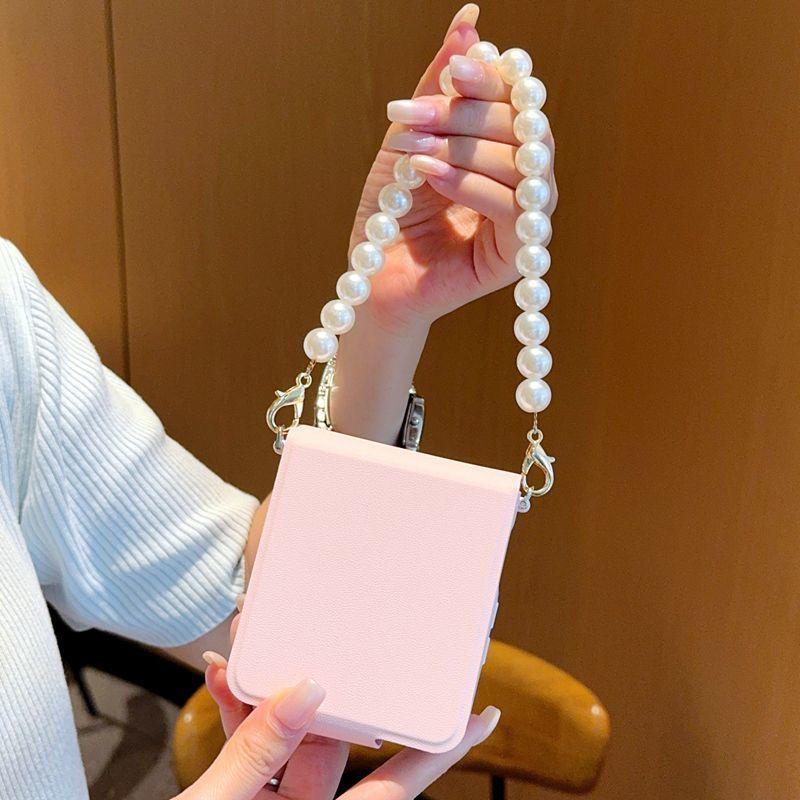 Pink Flip Book phone case for Samsung Z Flip 6 ZFlip5 OPPO Find N2 Flip / OPPO Find N3 Flip/Xiaomi Mix Flip Case with pearl chain