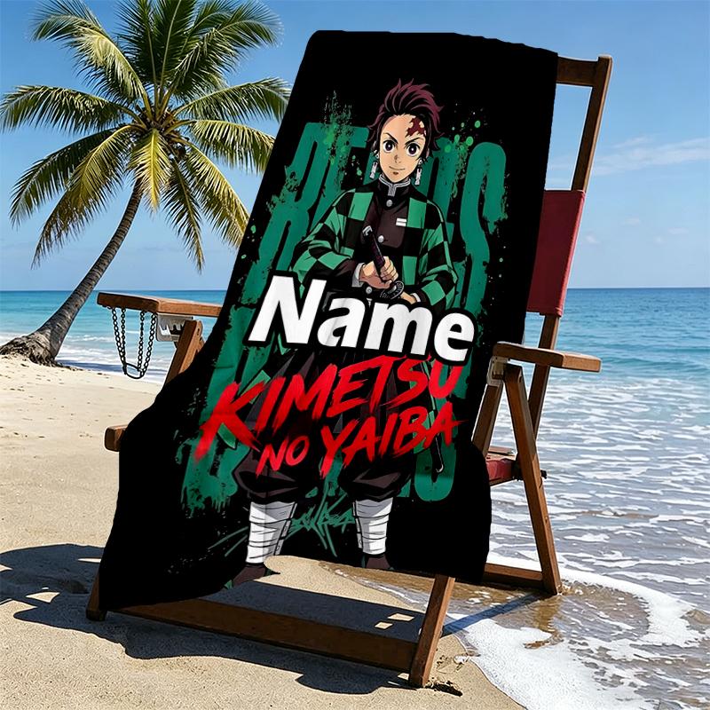 Custom Name Personalized Demon Slayer Print Beach Towel, for Trip Camping Beach Party Home Decor, Birthday Gift for Family & Friends