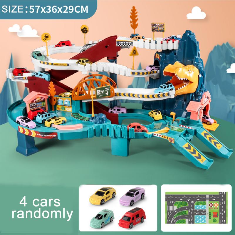 Voiture électrique sur rail Dinosaure Bâtiment Parking Aventure Course Voiture sur rail Jouets Enfants Cerveau Mécanique Interactif Voitures sur rail