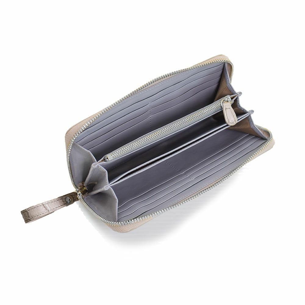 [Barcos] Long Wallet, Matte Leather, Crocodile Embossed, Round Shape, Card Slots, Trendy Muted Gray