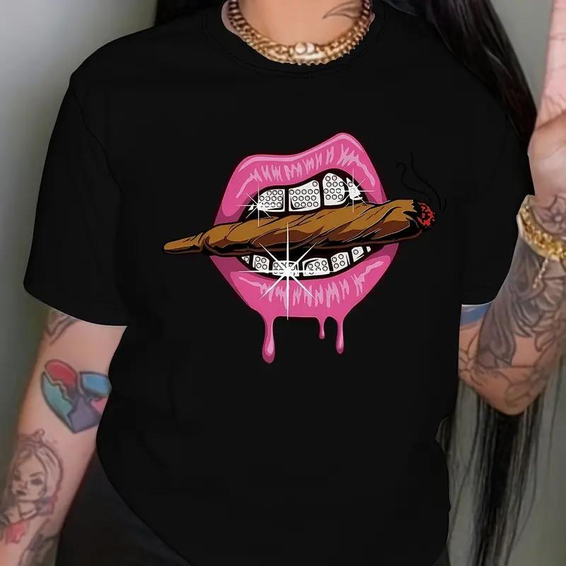 Lips Print Tshirt Short Sleeve Crew Neck Top for Summer Womens Clothing Casual Clothes Summer TShirt Women Aesthetic Clothes S
