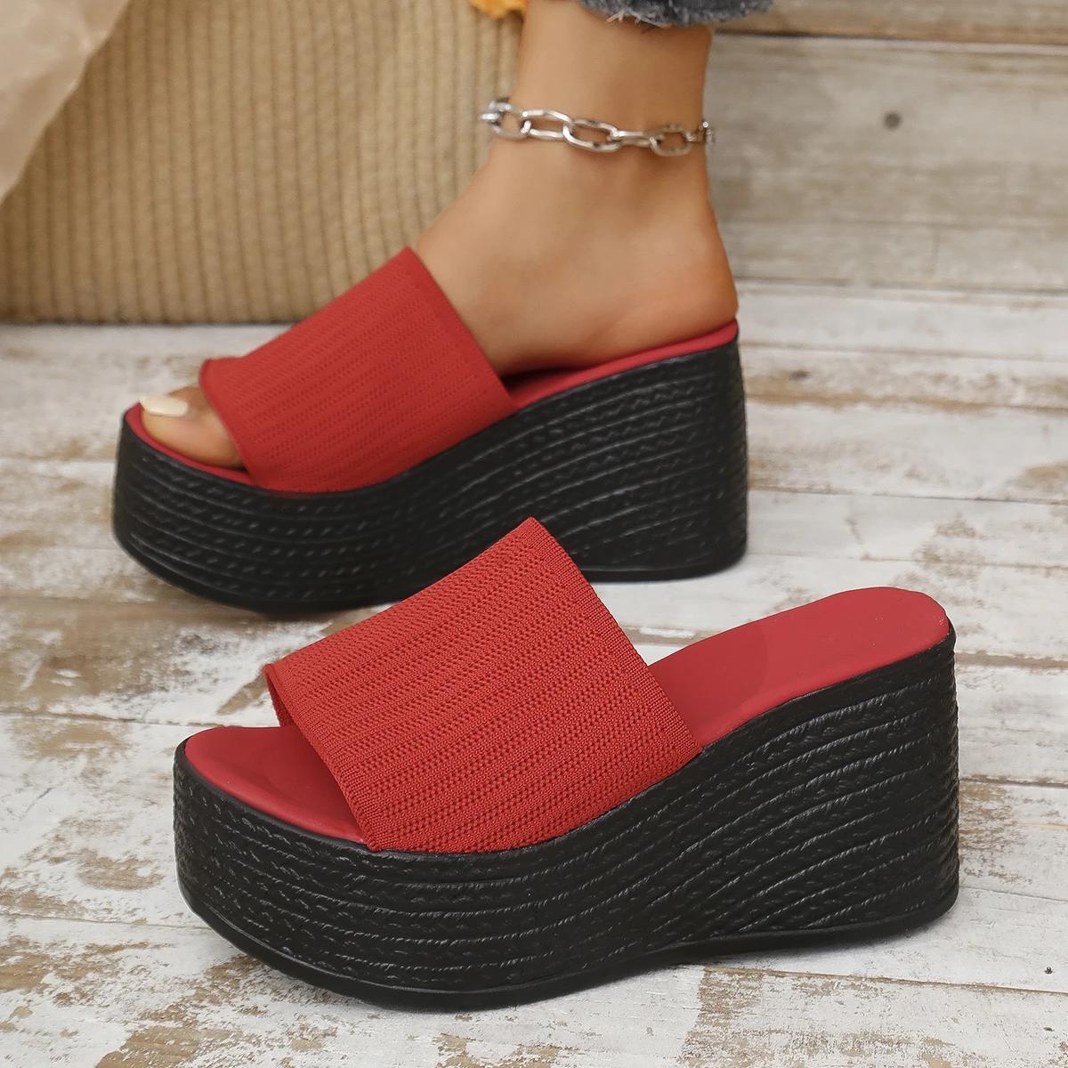 

Fashion Elastic Fabric Chunky Platform Slippers for Women Thick Bottom Non Slip Summer Sandals Woman Fashion Wedge Heel Sandalias Mujer 37