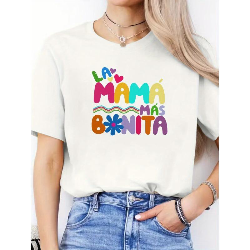Women s Casual Sports Top, Round Neck, Short Sleeve, Colorful Spanish Letter Print, For Spring And Summer S белый