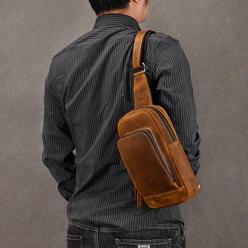Crazy Horse Leather Chest Bag - Men's Casual Cowhide Crossbody & Shoulder Bag for Commuting & Outdoor Activities